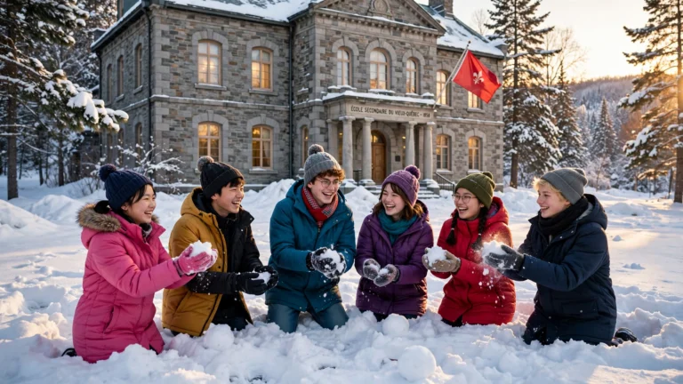 參加加拿大冬令營的台灣與當地學生在魁北克雪地校園前玩雪