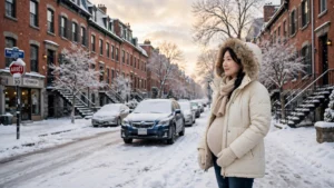 蒙特婁待產的準媽媽穿著冬衣站在雪地街道上