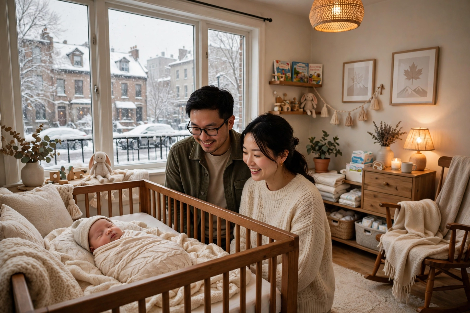在蒙特婁溫暖的嬰兒房裡安睡的新生兒與父母