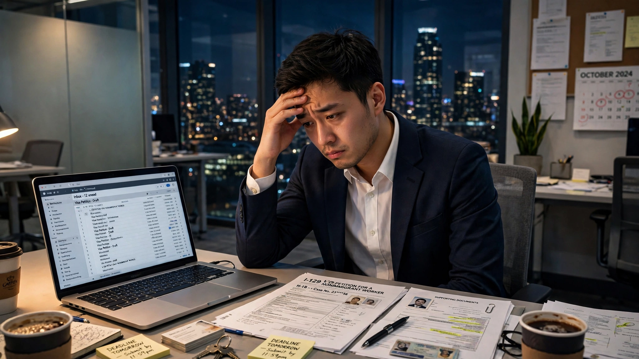美國移民政策收緊下在美國辦公室加班處理 H-1B 工作簽證文件的亞裔專業人士